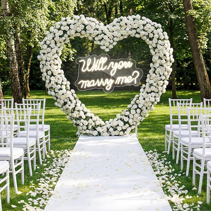 Breling 6.6ft Large Metal Heart Arch Stand and Will You Marry Me LED Neon Light Sign Backdrop for Outdoor Proposal Wedding Engagement Bridal Valentine and Birthday Party Decor(White)
