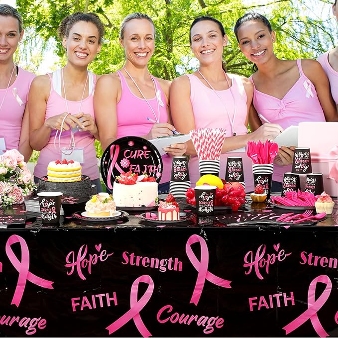 452 Pcs Breast Cancer Awareness Decoration Black Pink Cure Faith Love Paper Plates Napkins Cups Tablecloth Cutlery Straws for Breast Cancer Awareness Month Women Charity Activities Supplies