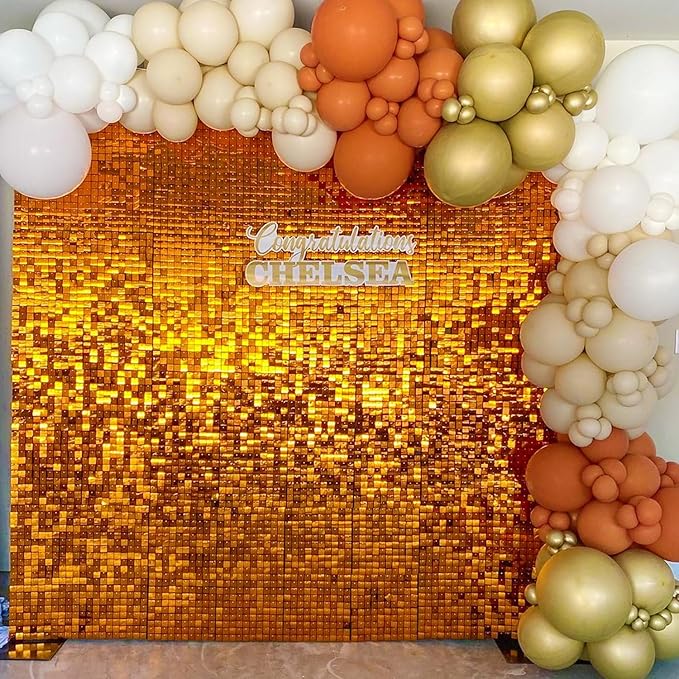 COKAOBE Orange Shimmer Wall Backdrop, 24PCS Square Sequin Shimmer Backdrop Panel, Photo Backdrops for Birthday, Anniversary, Wedding, Halloween, Graduation & Bachelorette Party Decoration