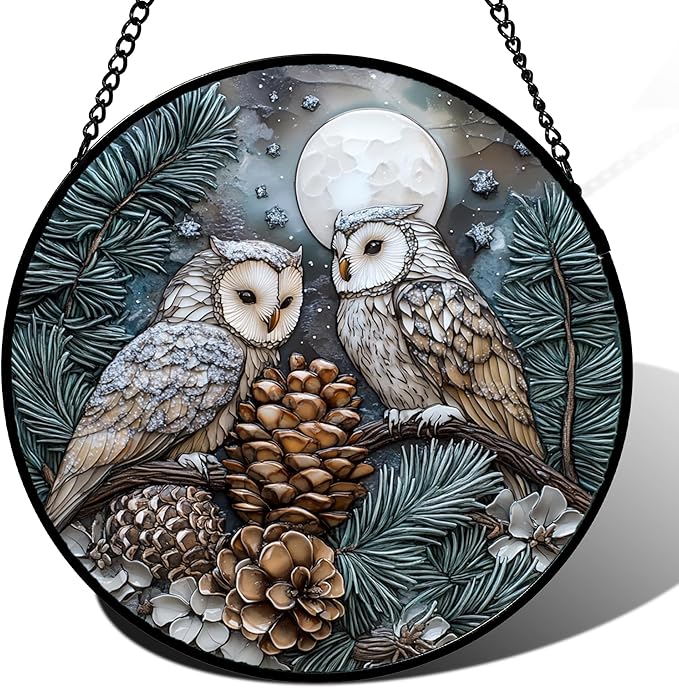 Stained Glass Window Hanging - Owl On A Tree Suncatcher for Doors Garden Patio Winter Scene Sun Catchers Decor Christmas Mother's Day Birthday Gifts for Women Men Mom Nana Friend 9.8 in