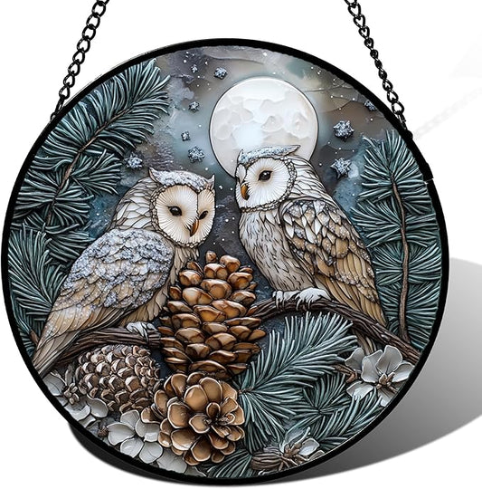 Stained Glass Window Hanging - Owl On A Tree Suncatcher for Doors Garden Patio Winter Scene Sun Catchers Decor Christmas Mother's Day Birthday Gifts for Women Men Mom Nana Friend 9.8 in
