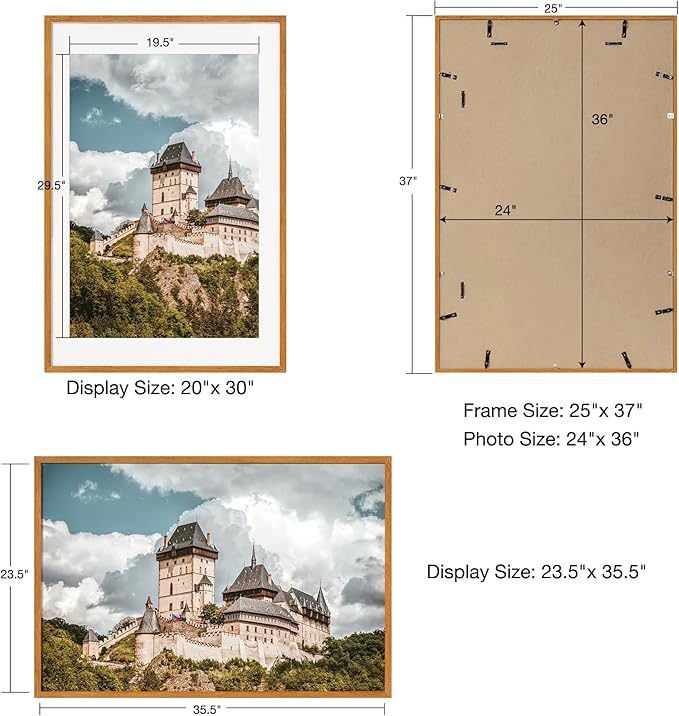 24x36 Picture Frame with Mat for 20x30 - Solid Teak Wood Poster Frame with Tempered Glass, Wood 24''x36'' Minimalist Photo Frame Movie Poster Frame with Hooks for Art Photo Prints, Natural Teak