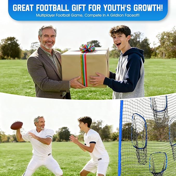 Football Throwing Net, Upgrade Heavy Duty Metal Frame Quarterback Training Equipment Throwing Machine with 1-4 Targets, Easy Setup Football Target Practice with CarryBag, Allweather Indoor Outdoor Use