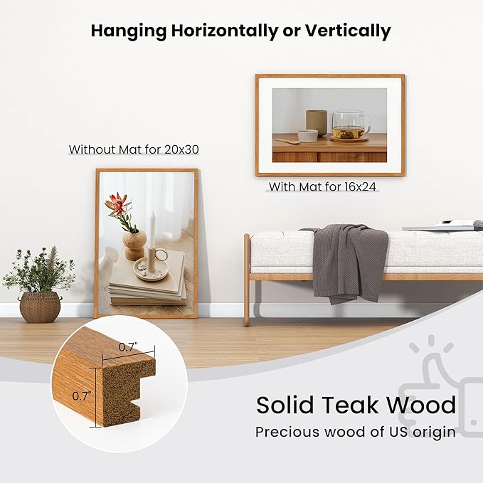 20x30 Picture Frame with Mat for 16x24 - Solid Teak Wood Poster Frame with Tempered Glass, Wooden 20''x30'' Minimalist Photo Frame with Hooks Puzzle Frame for Art Photo and Prints, Natural Teak