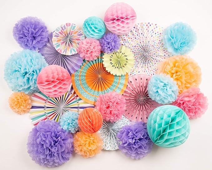 PapaKit Deluxe Origami Large Wall Decoration Set (Assorted Paper Fans & Pom-poms) Birthday Party Baby Shower Wedding Events Decor | Creative Art Design Pattern (Festive Colors, Deluxe 26 Piece Set)