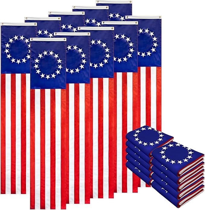 G128 – 10 Pack: Betsy Ross American Patriotic Bunting & Flag Pulldown, 13 Embroidered Stars in Circle Pattern with 5 Fully Sewn Stripes, decorative bunting, 20" x8', Red/White/Blue