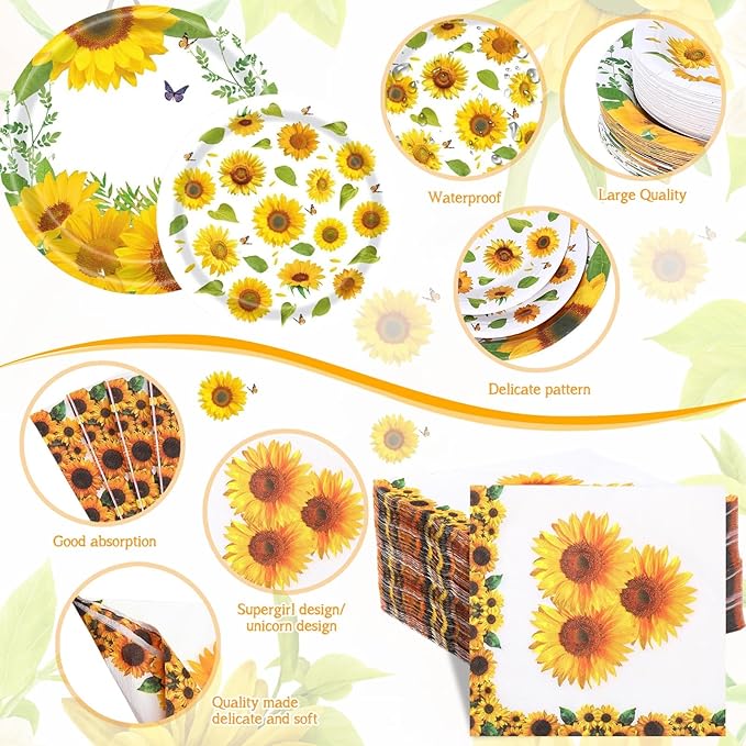 Pickmesh 400 Pcs Sunflower Party Supplies for 50 Guests Disposable Plates Napkins Cups Spoons Forks Knives for Birthday Wedding Bridal Shower Baby Shower Sunflower Table Decorations