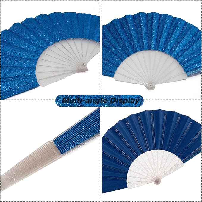 48 Pack Handheld Fan,Folding Hand Glitter fan with Shining Transparent Fan Rib – Ideal for Wedding, Church, Festival, Dance, Tea Party, Club, and EDM Accessories, Royal blue