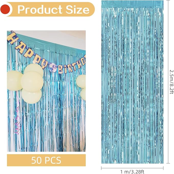 Blue Foil Fringe Curtains 50 Pack 3.2ft x 8.2ft Fringe Backdrop Curtains Metallic Tinsel Streamer Photo Backdrop for Birthday Party Decorations Halloween Christmas Party Supply (Light Blue)