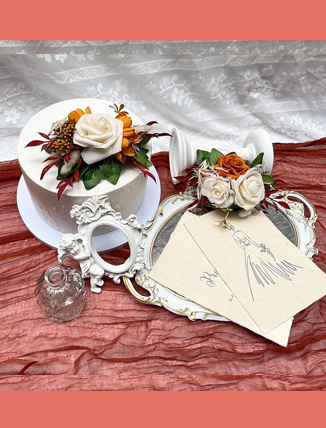 CherishedMoments 3Pcs Cake Topper Set, Artificial Flowers Decor Red Orange Cake Topper Decorations for Ceremony, Anniversary, Fall Vintage Wedding