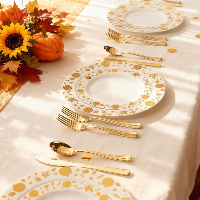 WDF 150pcs Gold Plastic Plates with Disposable Plastic Silverware - Premium Thanksgiving Dinnerware Sets for Thanksgiving Day&Parties