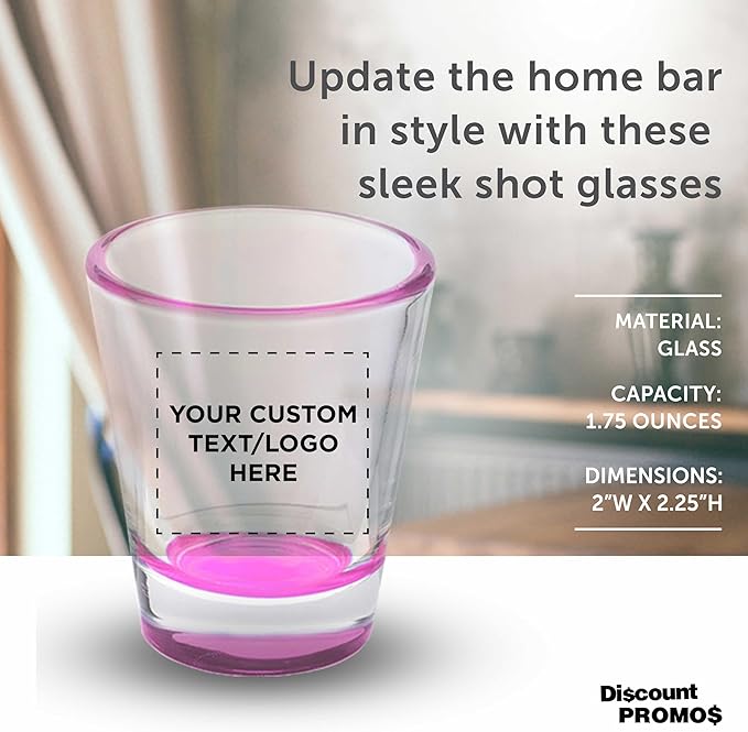 DISCOUNT PROMOS Custom Shot Glasses 1.75 oz. Set of 10/50/100, Personalized Bulk Pack - Great for Wedding Favors, Bachelorette Decorations, Party Favors - Pink Bottom Color
