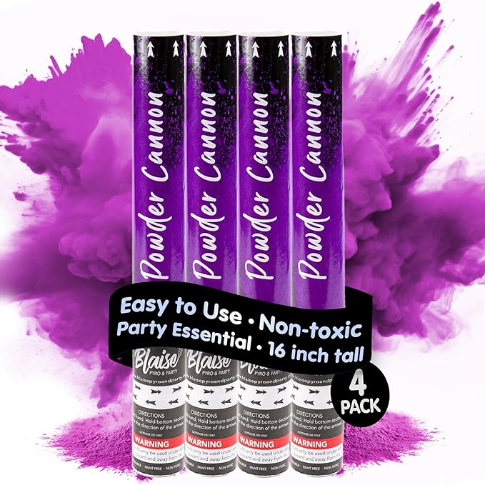 Blaise Pyro & Party - Purple Powder Poppers - Water-Soluble & Colorful Powder Cannons for Gender Reveals, Birthdays, Weddings & Celebrations - Easy to Use for Memorable Photos - 16-Inch, 4-Pack