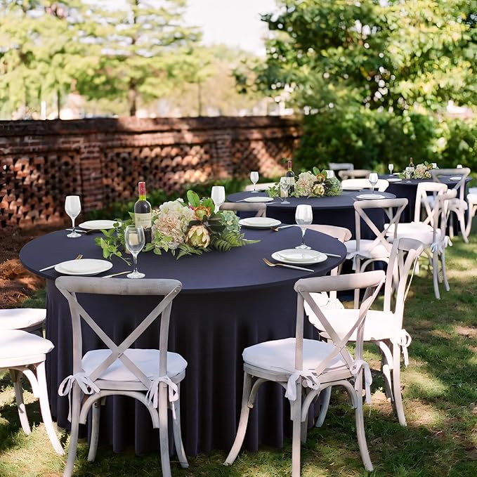4 Pack Navy Blue Round Spandex Tablecloth 60 Inch, Wrinkle Free Stretch 120 Inch Fitted 5ft Navy Table Cloths Round Table Covers with Ruffle Skirt for Graduation Party Wedding Banquet