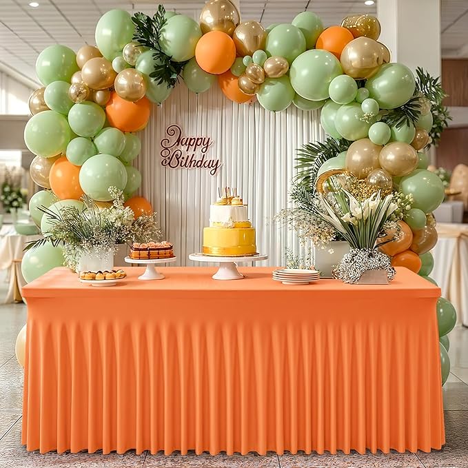 2 Packs Orange Table Clothes for 8 Foot Rectangle Tables, One-Piece Wrinkle Resistant Stretch Spandex Table Covers with Skirt for Event Banquet Wedding Birthday Party