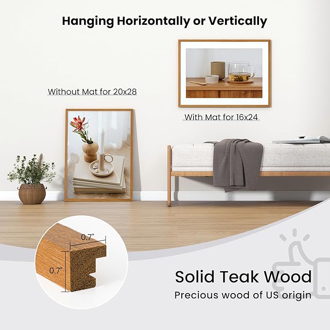 Axeman 20x28 Frame - Solid Teak Wood 20x28 Picture Frame With Mat for 16x24, 28 x 20 Wood Poster Frame, Tempered Glass and Hanging Hardware Included Home Decor Art Hanging Frame, Natural Teak