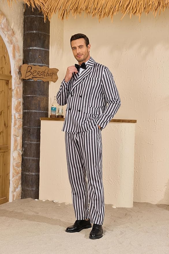 Men's 1920s Gangster Costume Wig Pinstripe Suit Blazer Jacket Shirt Pants Set with Necktie Halloween Cosplay Outfits