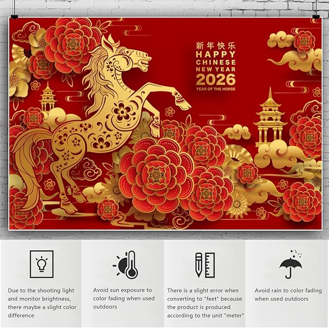 YongFoto 2026 Happy Chinese New Year Backdrop 10x7ft 2026 Lunar Year of The Horse Lucky Cloud Pavilion Plum Bossom Background Chinese Traditional Spring Festival New Year's Eve Party Banner Decor
