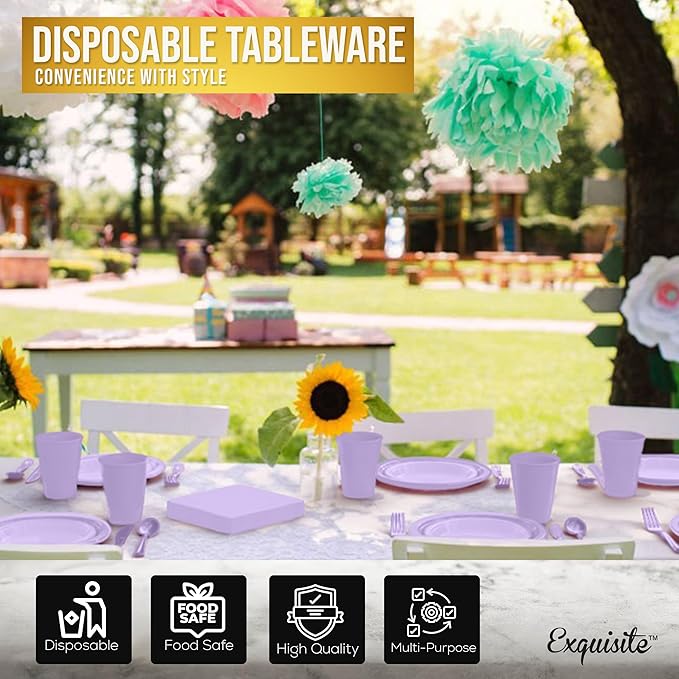 350 Pcs Lavender Plastic Plates For Party, Lavender Disposable Plates Set, 50 Of Each 9" Dinner Plate Set, 7" Dessert Plate, Cups, Napkins & Cutlery Plastic Dinnerware Exquisite