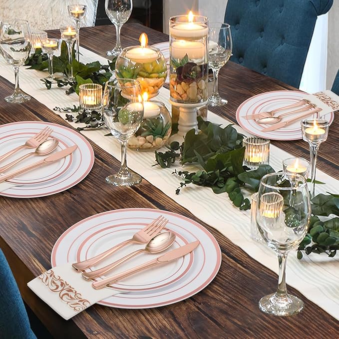 Goodluck 700 Piece Rose Gold Dinnerware Set for 100 Guests, Plastic Plates Disposable for Party, Include: 100 Dinner Plates, 100 Dessert Plates, 100 Paper Napkins, 100 Cups, 100 Silverware Set