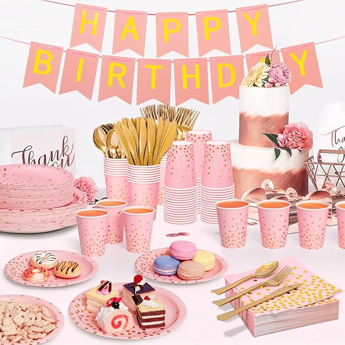 Pink and Gold Party Supplies, 350PCS Disposable Dinnerware Set with Pink Paper Plates Napkins Cups, Gold Plastic Flatware Set for Women Girls Birthday Graduation Baby Shower Engagement Wedding