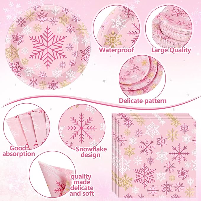 452 Pcs Pink Snowflake Party Decoration for 50, Pink Gold Winter Snowflake Paper Plates Napkins Cups Tablecloth Cutlery Straws for Winter Baby Shower Wonderland Birthday Supplies