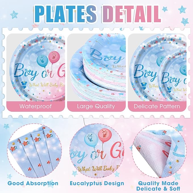 452 Pcs Gender Reveal Party Supplies for 50 Guests, Pink and Blue Gender Reveal Paper Plates Napkins Cups Tablecloth Cutlery Straws Disposable Tableware for Baby Shower Party Decoration