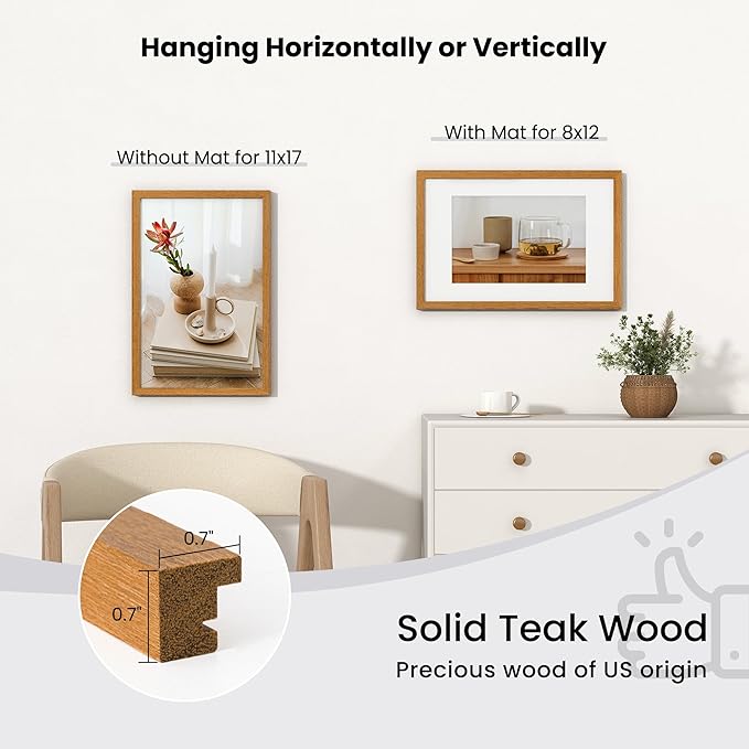 Axeman 11x17 Picture Frame with Mat for 8x12 - Solid Teak Wood Poster Frame with Tempered Glass, Wooden 11''x17'' Photo Frame for Home Decor Art Photo and Prints with Hooks, Natural Teak