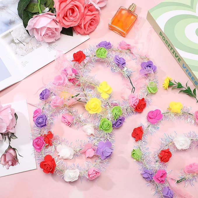 Syhood 40 Pcs LED Flower Headband, Light up Flower Crown Garland Headdress Floral Headpiece for Women Hair Accessories Bridal Shower Holiday Birthday Wedding Party(Rose Style)