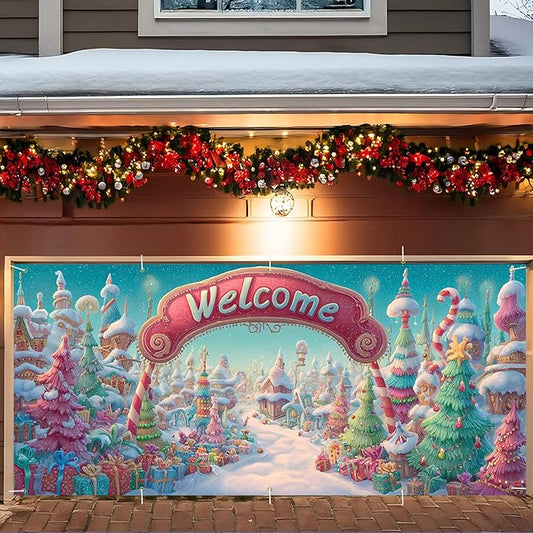 Christmas Welcome Garage Door Banner 7x16FT Candy Village Scene, Xmas Garage Door Cover for Outdoor Decorations & Holiday Parties