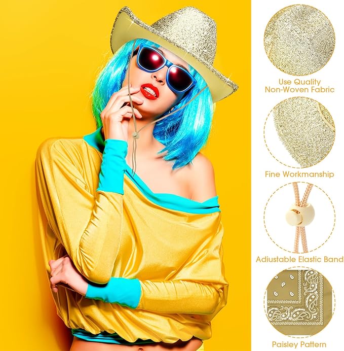 Coume 12 Pcs Sparkly Adults Cowboy Hat and Bandanas Women Men Western Glitter Cowgirl Party Hats with Adjustable Drawstring