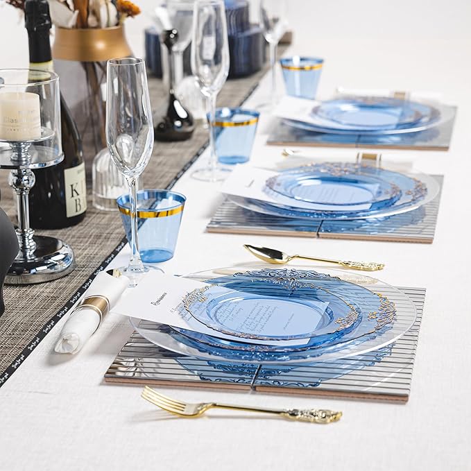 350PCS Gold and Blue Plastic Plates, Gold Plastic Dinnerware Sets for 50 Guests, 100 Disposable Plates, 150 Silverware, 50 Cups, 50 Napkins for Party and Wedding