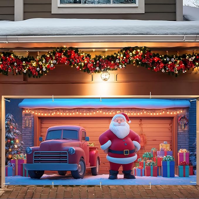 Santa and Truck Christmas Garage Door Banner 7x16FT, Holiday Scene with Santa, Gifts, and Vintage Truck, Large Outdoor Xmas Decoration for Garage Doors