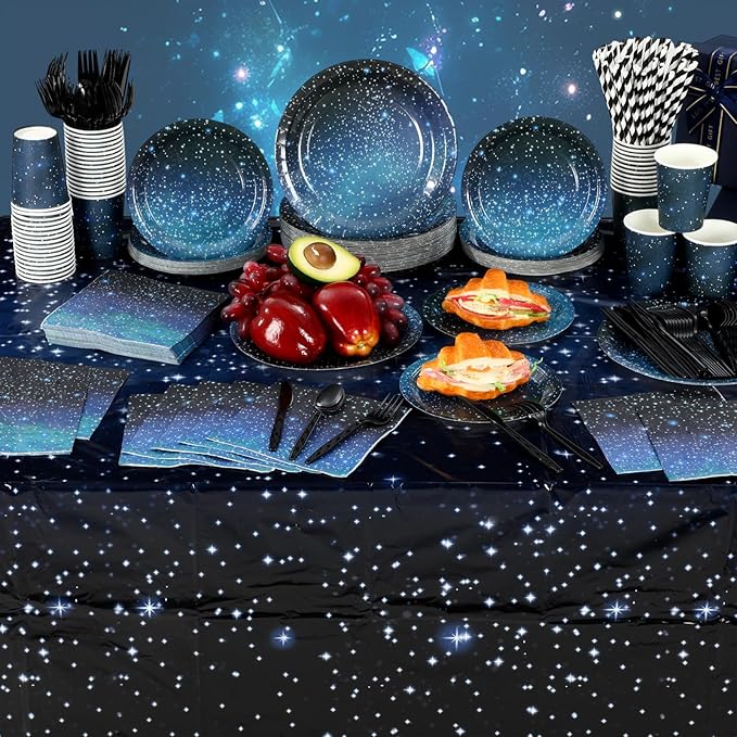 452 Pcs Galaxy Party Decorations for 50, Starry Night Theme Paper Plates Napkins Cups Tablecloth Cutlery Straws for Outer Space Theme Birthday Bridal Baby Shower Party Decorations Supplies