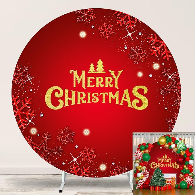 Merry Christmas Round Backdrop Cover 7.2ft for Photography Gold Merry Christmas Red Round Backdrop Cover Shining Snowflake Background Winter Party Supplies New Year Holiday Family Kids Photo