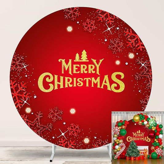 Merry Christmas Round Backdrop Cover 7.2ft for Photography Gold Merry Christmas Red Round Backdrop Cover Shining Snowflake Background Winter Party Supplies New Year Holiday Family Kids Photo