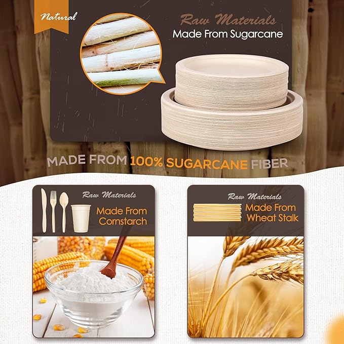 Gezond 350pcs Compostable Paper Plates Set Eco-friendly Heavy-duty Disposable Paper Plates Cutlery Includes Eco-friendly Plate, Forks, Knives, Spoons, Cups and Straws for Wedding Party, 50 Guests