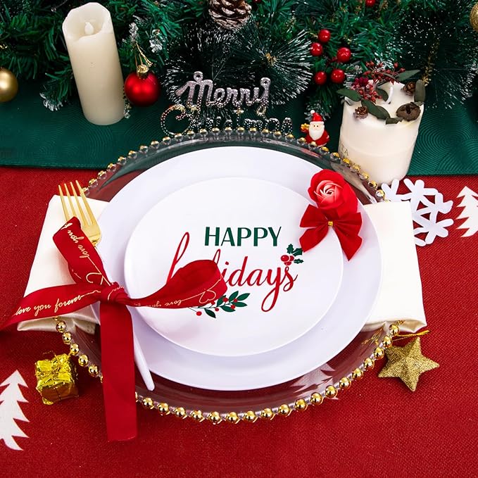 Supernal 150pcs Christmas Plastic Plates Disposable Holiday Plates,Christmas Dinnerware with Xmas Plate,White and Gold Plastic Silverware, Disposable Party Plate with "Happy Holiday"