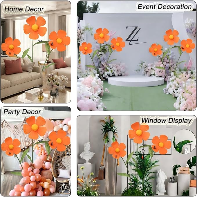 Giant Artificial Daisy Flowers Decoration Five Petal 5.8 Ft Tall Large Fake Daisies Spring Wild Flower for Party Garden Office Home Wedding Decor(Orange)