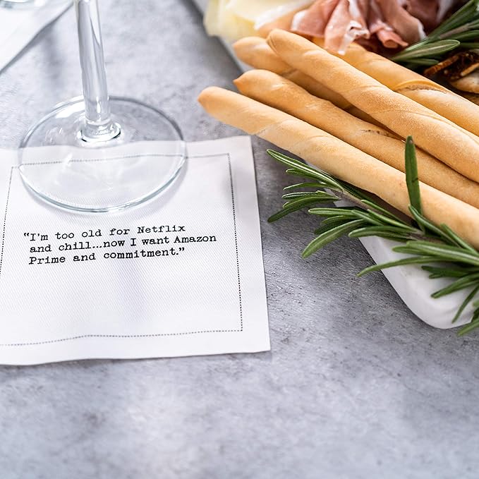 Five Star Funny Realationship Quotes | White Cotton Cocktail Napkins | 50 Luxury Disposable Beverage Napkins with Witty Bar Quotes | Drink Napkins for Parties, Bars, Weddings & Game Nights
