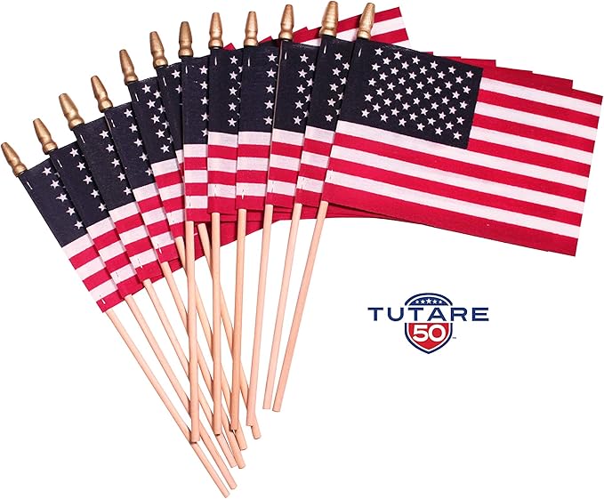 Handheld Spearhead American Flags - 12 x 18 inch. Handheld Stick Flags with SpearTop Great for Patriotic Decorations or Celebrations. Made in the USA (Qty-12)