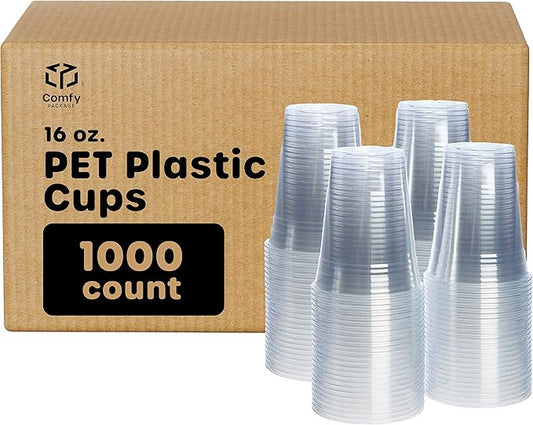 Comfy Package [Case of 1,000 16 oz. Crystal PET Clear Plastic Cups for Party - Ideal for Cold Beverages, Smoothies, and Parties