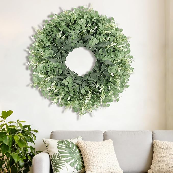 26 Inch Large Eucalyptus Wreath for Front Door, Porch, Window SpringWreaths Green Wreath Artificial Greenery Door Wreaths Decor for Outdoor Indoor Home Farmhouse Spring Summer Fall All Seasons