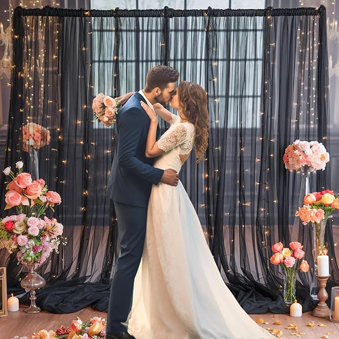 20x8ft Black Tulle Backdrop Curtain with Lights String for Parites, Sheer Photo Backdrop Curtains with Lights for Wedding Backdrop Ceremony Reception Bridal Shower Baby Shower Birthday Party