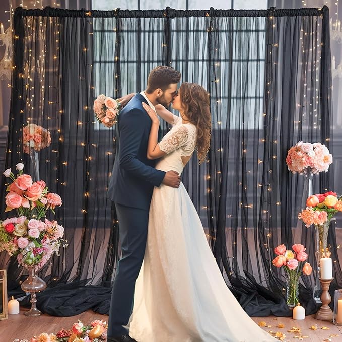 30x8ft Black Tulle Backdrop Curtain with Lights String for Parites, Sheer Photo Backdrop Curtains with Lights for Wedding Backdrop Ceremony Reception Bridal Shower Baby Shower Birthday Party