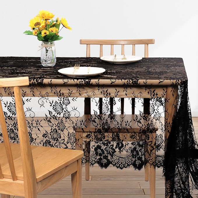 Fowecelt 5 Pack Black Lace Tablecloth 60 × 120 Inch for Rustic Boho Wedding Bridal Shower Party Decoration, Classy Rectangle Overlay Long Vintage Embroidered Reception Table Cloth Decor