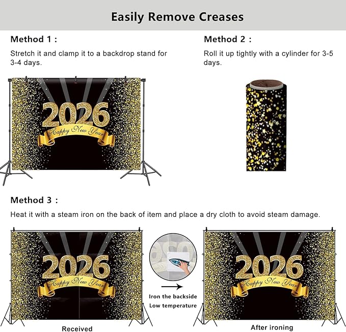 YongFoto 2026 Happy New Year Backdrop 12x8ft Black Gold Photography Background Merry Christmas Night Festival Carnival Celebration Party Banquet Decor Banner Photoshoot Wallpaper Photo Booth