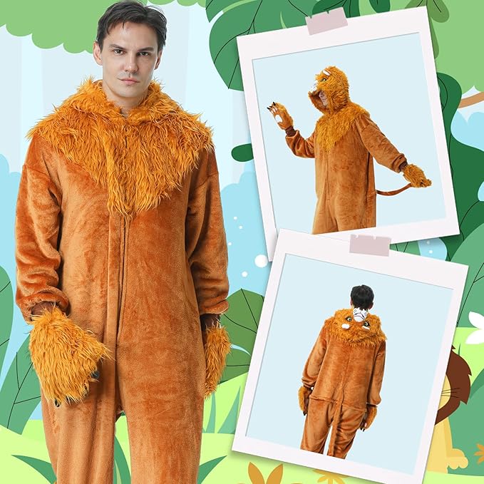 YuDanae Lion Costume Adult Animal Onepiece Unisex Lion Pajamas Halloween Party Onesie Cosplay Jumpsuit for Men Women