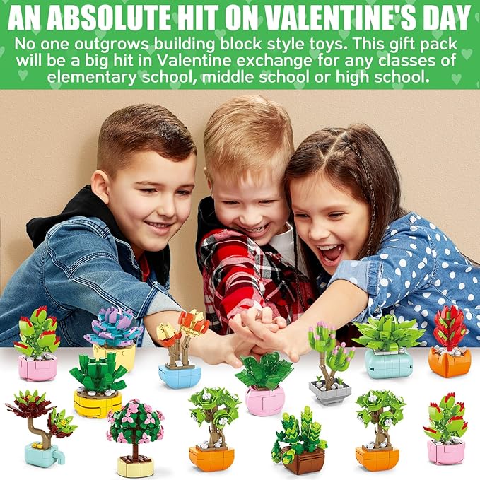 Valentines Day Gifts for Kids - 24 Packs Succulents Building Blocks with Valentines Day Cards for Kids School Boys Girls, Artificial Botanical Toy Exchange Gifts Classroom Prizes Party Favor