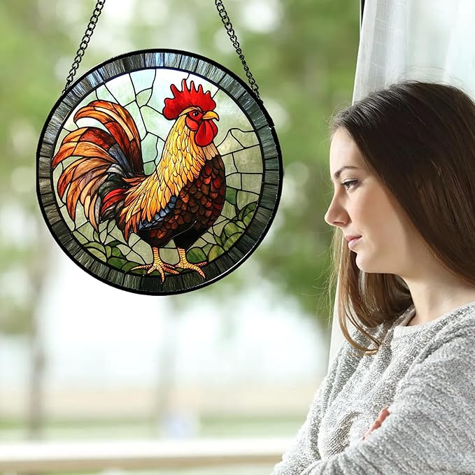 Stained Glass Window Hanging - Rooster Suncatcher for Doors Garden Patio Retro Colored Chicken Sun Catchers Decor Christmas Mother's Day Birthday Gifts for Women Men Mom Nana Friend 15 in